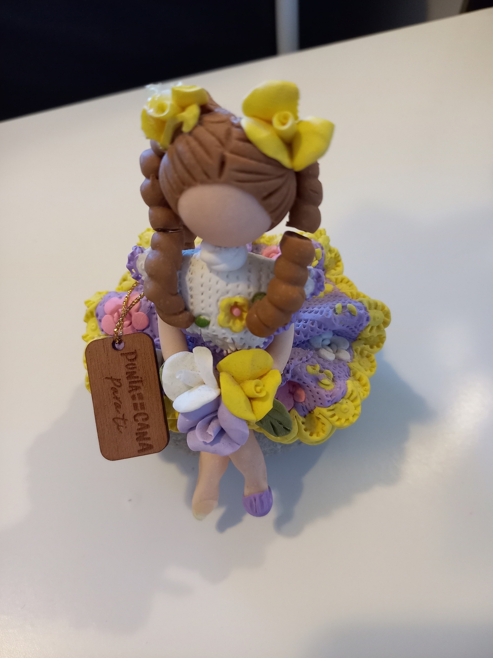 Handmade Polymer Clay Doll Figurine - Yellow & Purple Floral Dress
